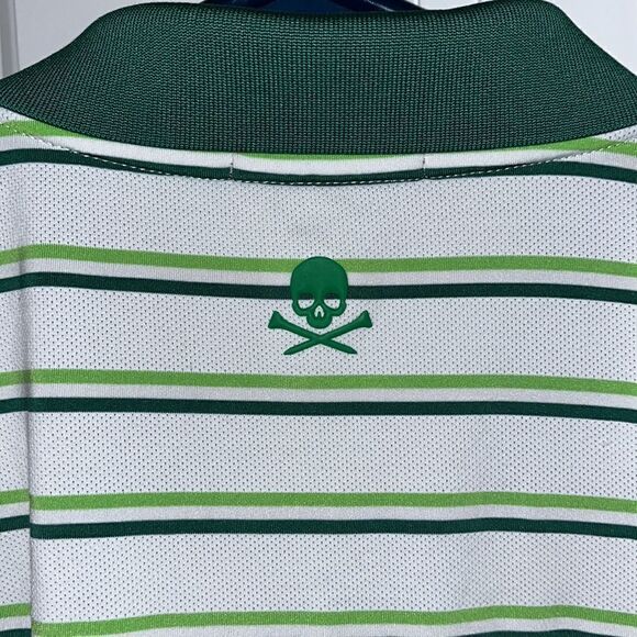Nice men’s G/FORE Stretch White Green stripe Skull Cross Tee G Golf Polo shirt L - Picture 3 of 4